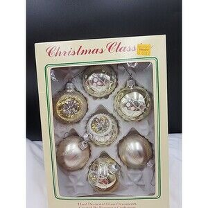 7 Vintage Indented design Christmas Ornaments – Hand Decorated – In Box